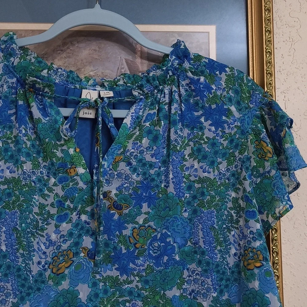 Joie Floral Blue and Green Women's Top Garden Party Brunch Career Large Vacation - Picture 4 of 15